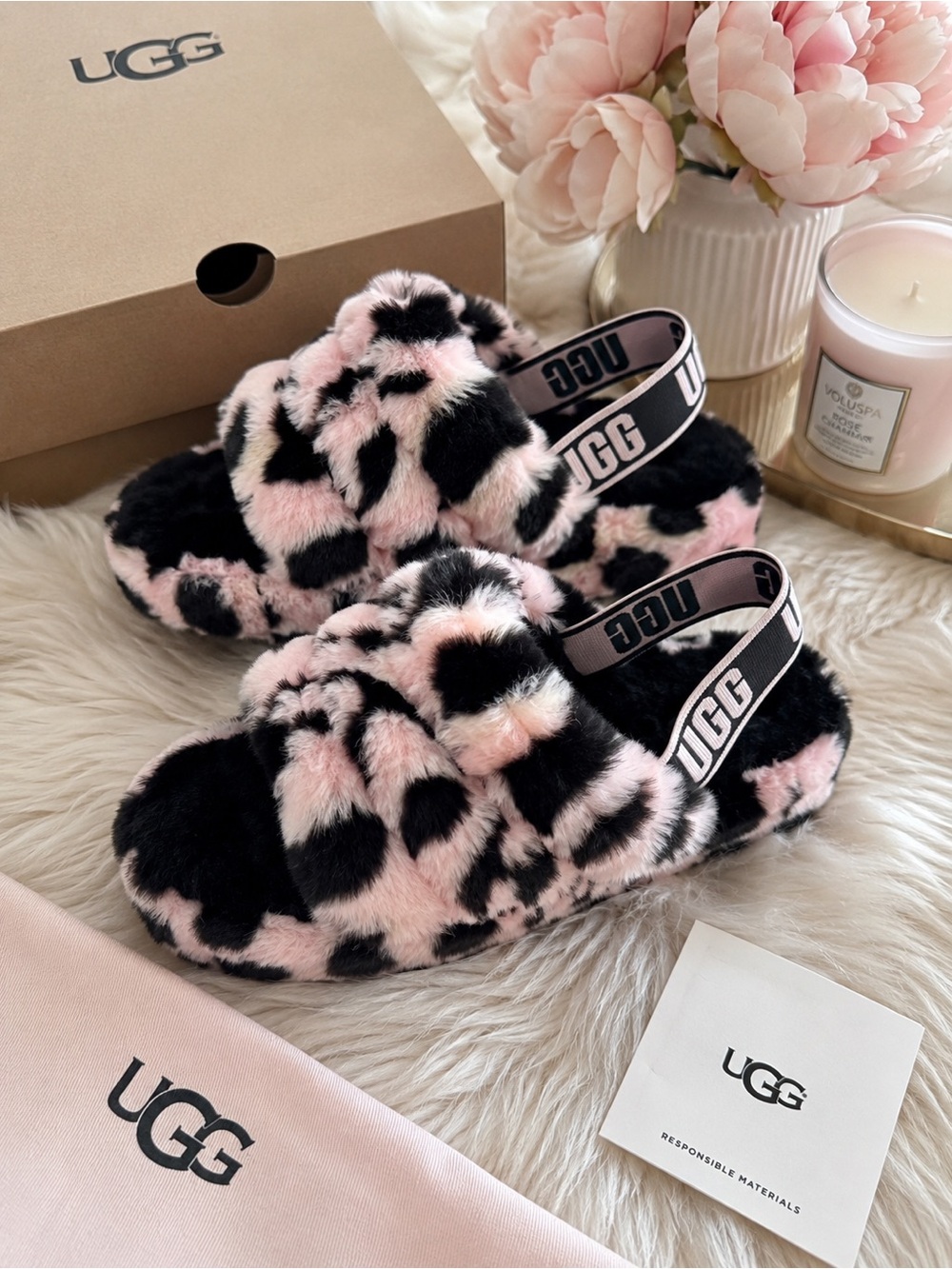 UGG Fluff Yeah Animalia Slippers – Pink/Black Leopard Print Size 7 NWT